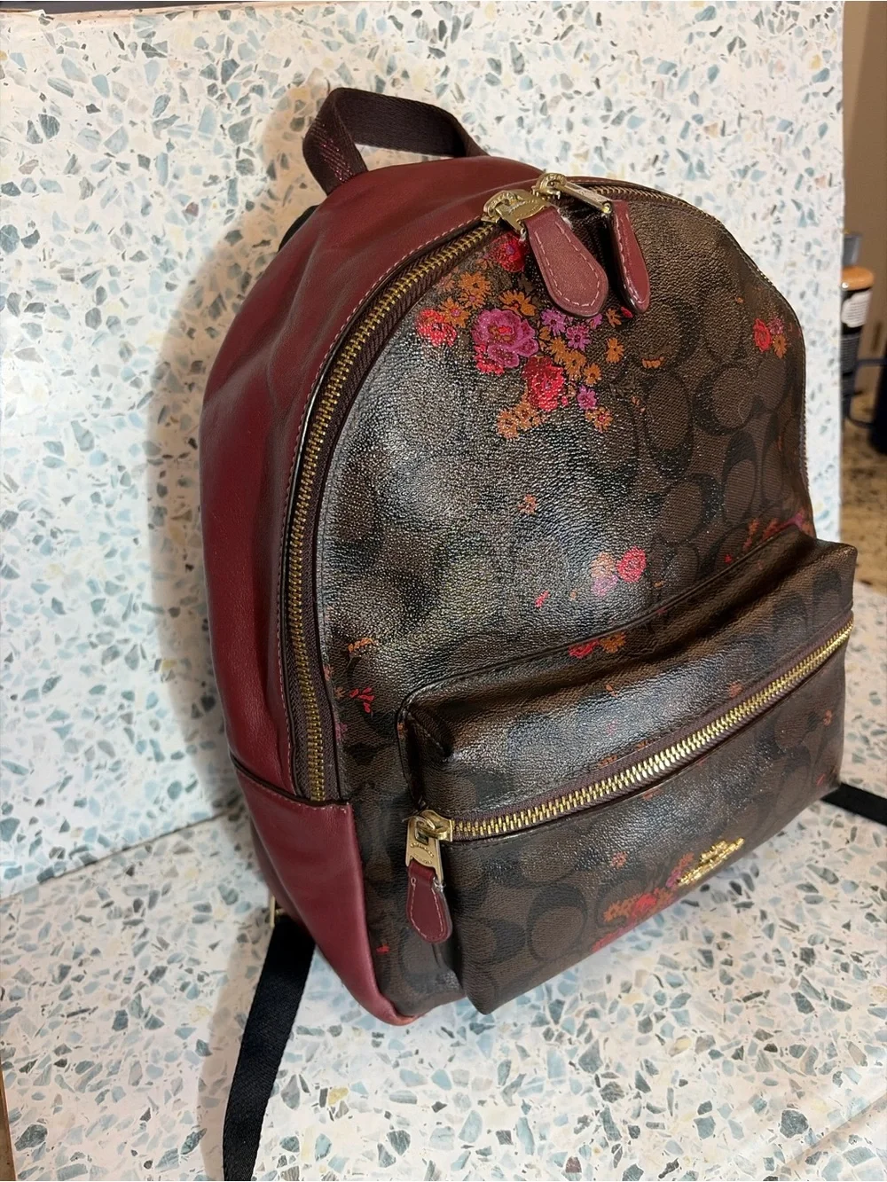 Coach F38049 Prairie Floral Signature Canvas Backpack Burgundy Leather - Picture 4 of 13